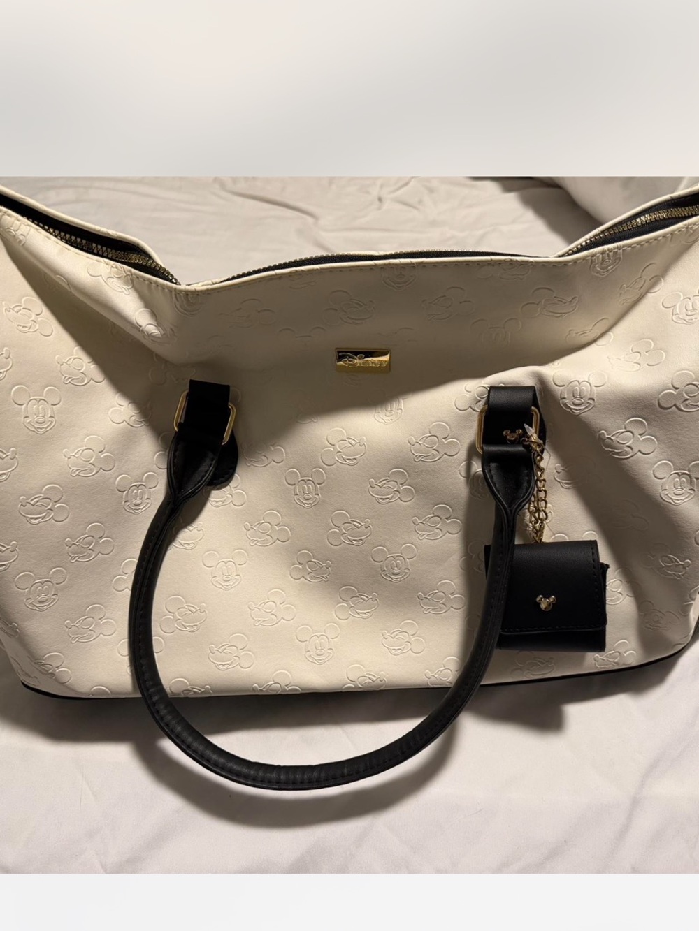 Cream Tote Mickey Bag with Black Handles and Gold Accent